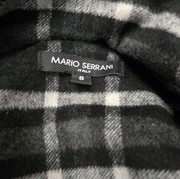 MARIO SERRANI Black, Grey Plaid Wrap Coat, Attached Scarf.Purple Silky Lining.8 - Picture 13 of 15